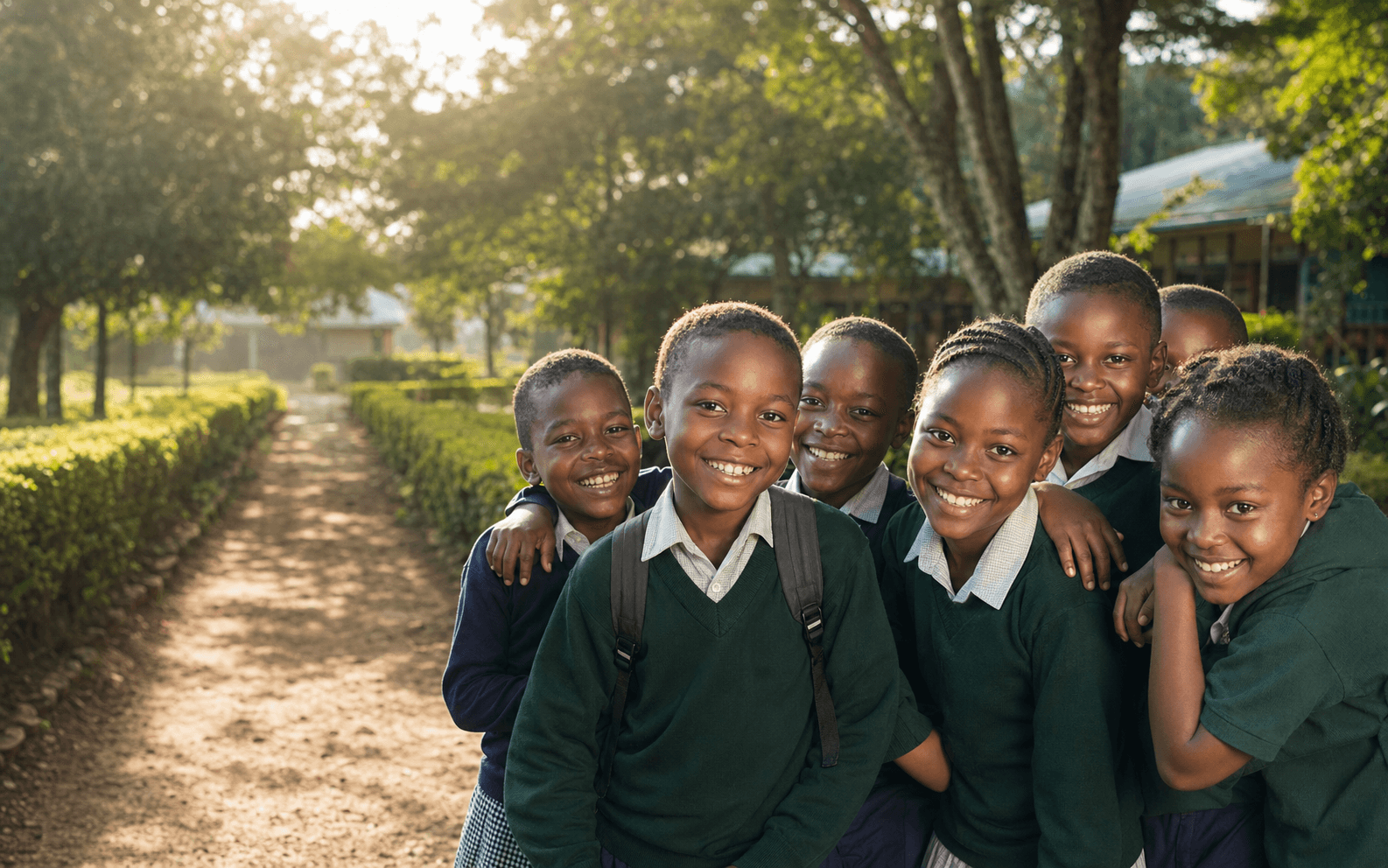 Pupils smiling together on the school grounds at Gacharage Primary.