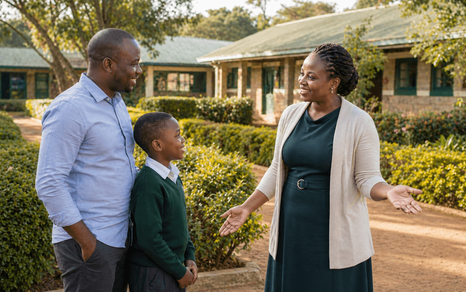 A parent and child being welcomed during a school visit at Gacharage Primary.